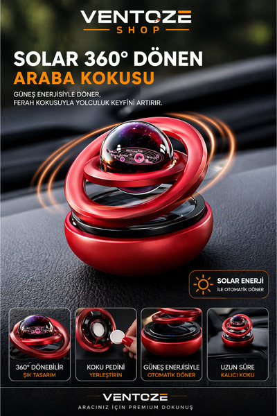 Ventoze Solar Güneş Enerjili 360 Derece Dönen Kristal Galaksi Küre Araba Koku...