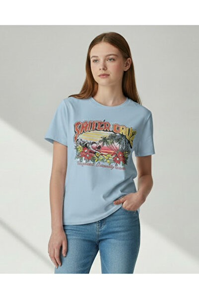 REDTAG Senior Girls Blue Short Sleeve Placement Print T-Shirt