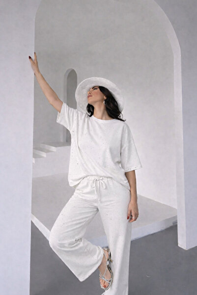 KASİDE Γυναικείο κοντομάνικο σετ με πέτρες, ελαστική μέση και δέσιμο, διπλό σ...