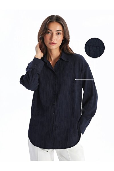 Meşe Moda Γυναικείο μακρυμάνικο πουκάμισο σε μπλε ναυτικό χρώμα με υφή Gofre ...