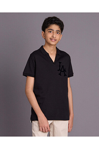 REDTAG Senior Boys Black V Neck Placket Polo T-shirt