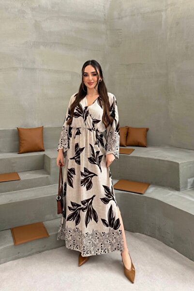 mezqa Καφέ φόρεμα με σχέδια, λεπτομέρεια με σκίσιμο, ελαστική μέση και διπλό ...