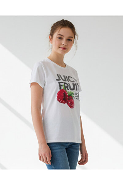 REDTAG Senior Girls White Short Sleeve Print T-Shirt