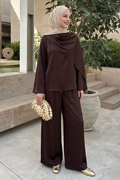 InStyle Καφέ Σατέν Σετ με Λεπτομέρεια Σάλι στον Ώμο