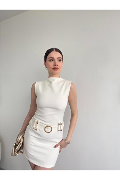 FMN Butik γυναικείο φόρεμα με στρογγυλή ζώνη, λεπτομερής σχεδίαση με όρθιο γι...