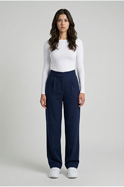 Abruzzo Navy Blue High Waist Lycra Palazzo Trousers with Pockets and Buttons,...