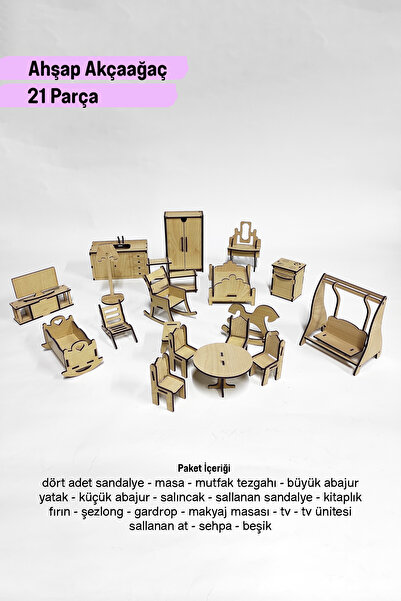 metafortoys Ahşap 21 Parça Mini Mobilya Seti