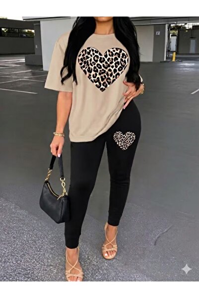 WOODROFFE Γυναικείο μπλουζάκι με στάμπα λεοπάρ καρδιάς, κολάν, σετ χαλαρού συ...