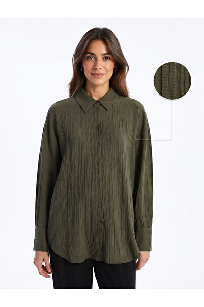 Meşe Moda Γυναικείο μακρυμάνικο πουκάμισο με υφή HakiGofre Oversize