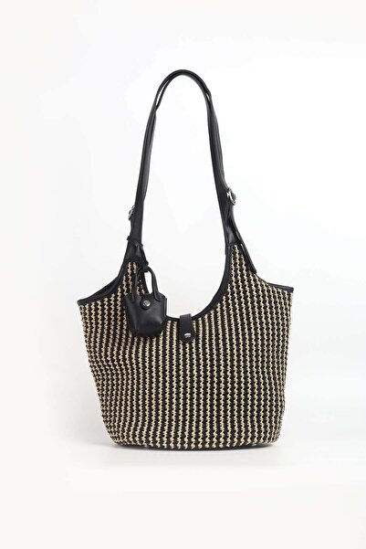Haşema Δερμάτινη Λεπτομερής Μαύρη Μπεζ Πλεκτή Ψάθινη Τσάντα Παραλίας 1301