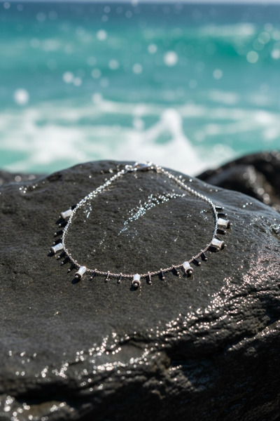 morbella Silver Color Steel Anklet - Minimal Black and White Bead Detailed No...