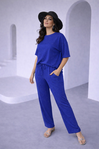 KASİDE Women's Stoned Short Sleeve Elastic Waist Tie-Detail Two-Piece Set Ksd...