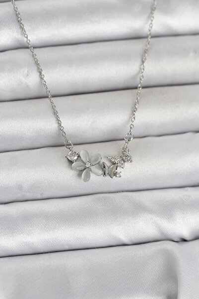 özssa 316L Steel Chain Silver Color Flower and Butterfly Model Women's Necklace