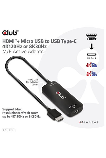 Club 3D Adaptor Club3D CAC-1336 HDMI ™ Adaptor activ Micro USB la USB Tip-C 4...