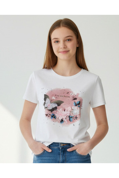 REDTAG Senior Girls Ivory Printed Round Neck T-Shirt