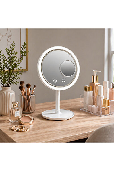 Fanlı LED Işıklı Makyaj Aynası USB & Pilli Çalışma Dokunmatik Kontrollü 2 Kademeli Fanlı Kozmetik Ayna 34 cm
