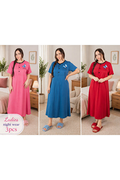 LINELLE Solid Nightwear Maxi Dress 3 Pcs Combo Set, Blue, Pink & Red