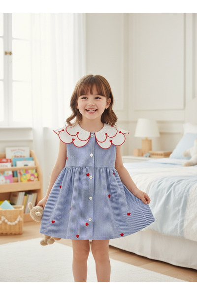 Pufiko Kids Mavi Çizgili Bebe Yaka Kız Çocuk Elbise