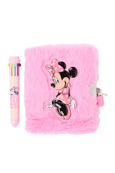 MINNIE Peluş Kapaklı Kilitli Günlük Seti - Çok Renkli Kalem Hediyeli (3 Parça)