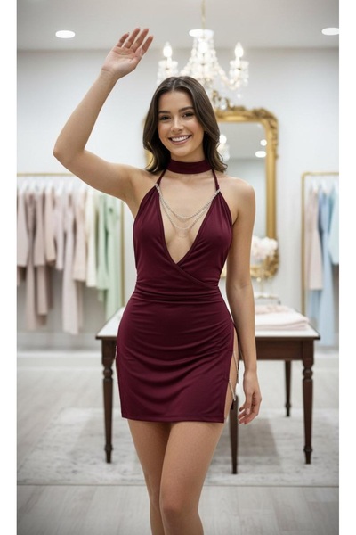 SiaLess Lingerie Γυναικείο νυχτικό με λεπτομέρεια από μπορντό αλυσίδα, ρομαντ...