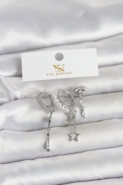 özssa Brass Silver Color Zircon Stone Night Theme 3-Piece Women's Earrings