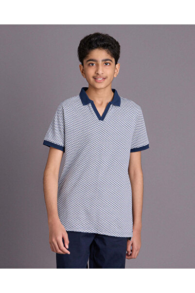 REDTAG Senior Boys Blue Textured V Neck Polo