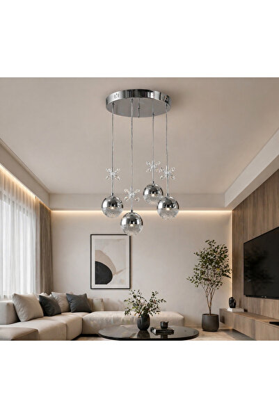 kialed Aurora Krom 4lü Sarkıt Avize LED 3 Modlu Işık Krom Cam Küre Salon Mutf...