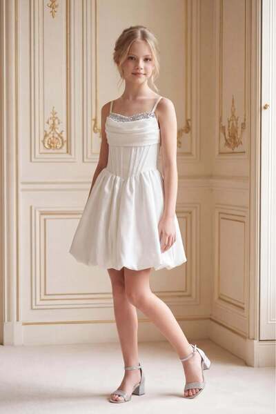 BUTİKHAPPYKİDS Βραδινό φόρεμα για κορίτσια, κρεμ ύφασμα με παγιέτες και κρεπ,...