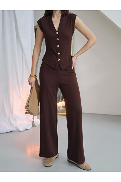 Paw Garage Γυναικείο Σετ Παντελόνι Παλάτσο με Λεπτομερές Γιλέκο με Χρυσά Κουμ...