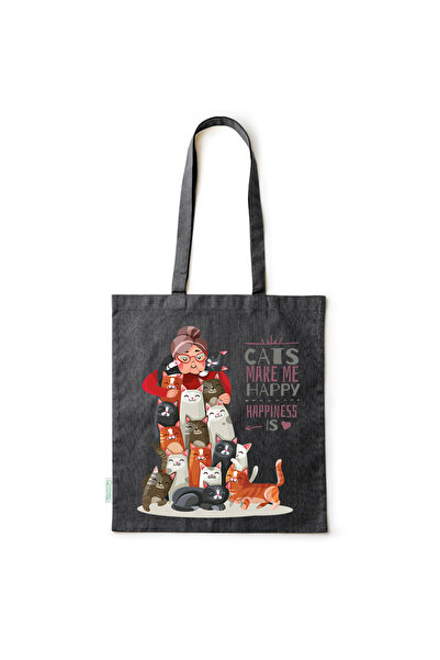 Intelli ®   Οικολογική βαμβακερή τσάντα αγορών με μακριά χερούλια, Γάτες - Ευ...