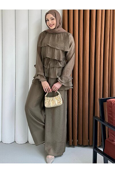 Modaensarbutik Ön Kat Kat Detaylı Asimetrik Kesim Pantolon Tesettür Takım-HAK...