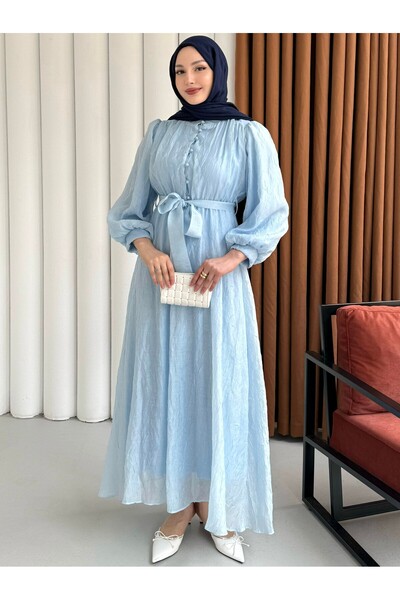 Modaensarbutik Yarın Düğmeli Kendinden Desenli Balon Kol Tesettür Elbise-BEBE...
