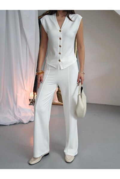 Paw Garage Γυναικείο Σετ Παντελόνι Παλάτσο με Λεπτομερές Γιλέκο με Χρυσά Κουμ...