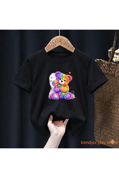 playwear Πολύχρωμο μπλουζάκι με στάμπα λουλουδιών και αρκούδας, 100% παιδικό ...