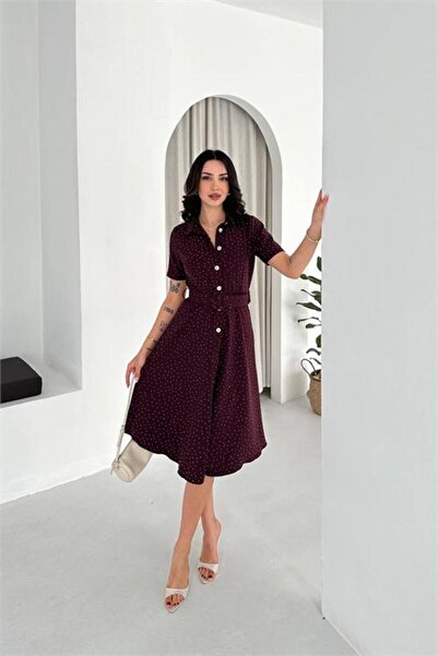 Neşeli Butik Γυναικείο μπορντό κοντομάνικο φόρεμα με πέτρινες λεπτομέρειες, μ...