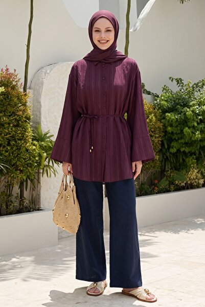 InStyle Πουκάμισο μπορντό με φαρδιά μανίκια και ασημένια ζώνη