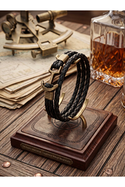 DEERDERİ Triple Hand-Knitted Genuine Leather Bracelet with Anchor Father's Da...
