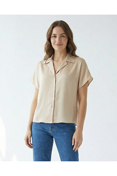 REDTAG Women Beige Collared Short Sleeve Shirt