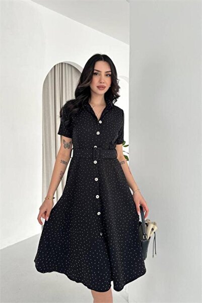 Neşeli Butik Γυναικείο μαύρο κοντομάνικο φόρεμα με πέτρινες λεπτομέρειες, μήκ...