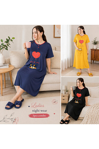 LINELLE Graphic Nightwear Maxi Dress 3 Pcs Combo Set, Yellow, Blue & Black
