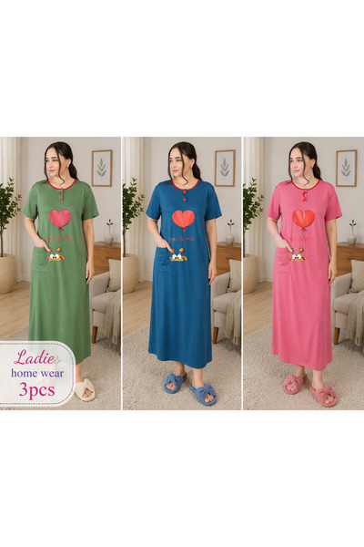LINELLE Graphic Nightwear Maxi Dress 3 Pcs Combo Set, Green, Pink & Blue