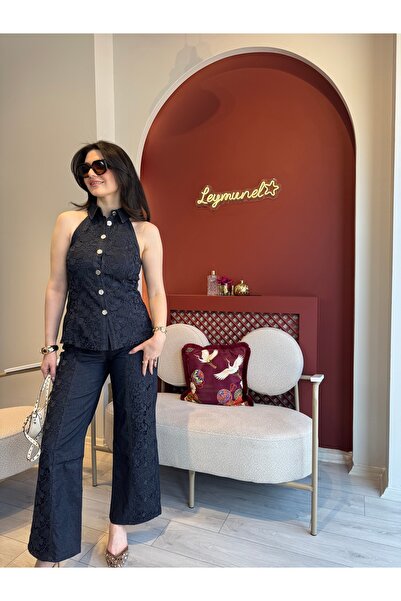 Butik Lacivert gümüş düğmeli dantelli halter yaka kolsuz gömlek dantelli pant...