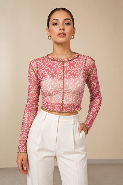 Polo State Γυναικεία ροζ μπλούζα από διαφανές τούλι με λουλουδάτο σχέδιο και ...