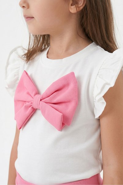 Womi Kids Girl's Bow Detailed Shorts and Skirt Ruffle Sleeve 2-Piece Set