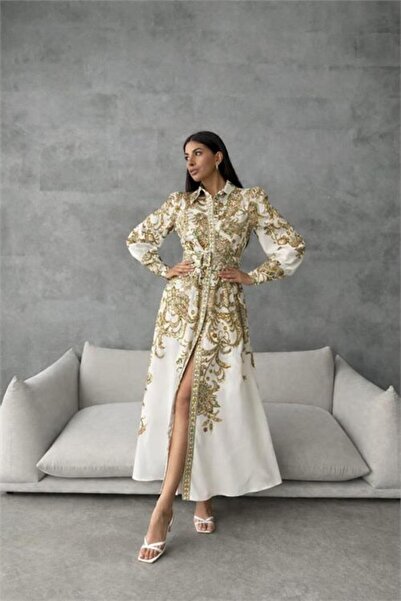 Neşeli Butik γυναικείο μπεζ φόρεμα πουκάμισο με ζώνη και μακρύ σχέδιο NBMS4220