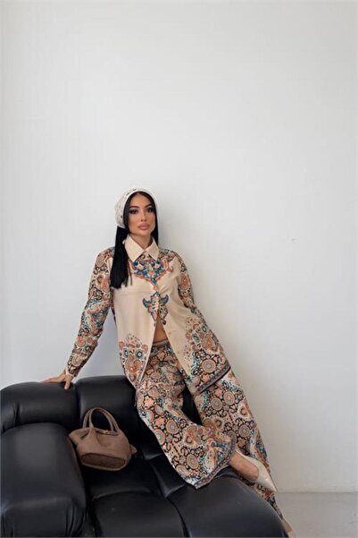 Neşeli Butik γυναικείο μπεζ πουκάμισο με έθνικ σχέδιο, φαρδύ παντελόνι, σετ δ...