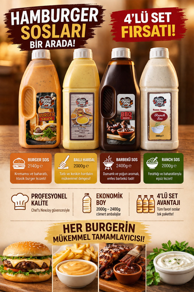 chef's new joy professional 4'lü Gurme Hamburger Sos Seti Ranch-Barbekü-Ballı Hardal-Burger Sos Fast Food Efsane Paket