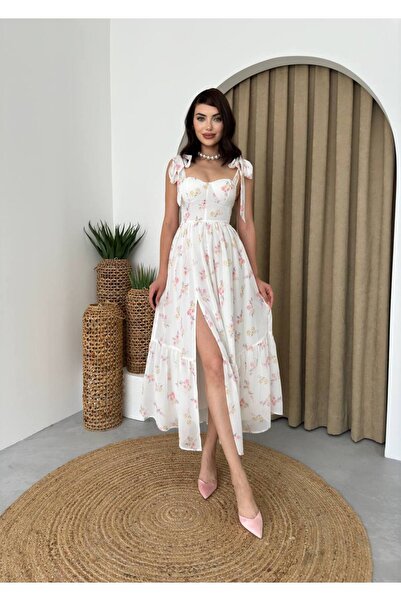 EtikaOnline Square Neck Slit Floral Pattern Midi Dress