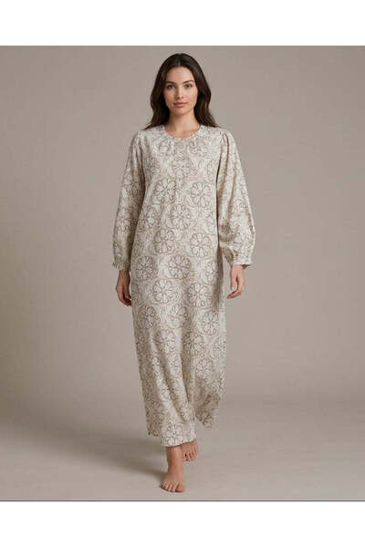 REDTAG Women Beige Printed Long Sleeve Nightgown