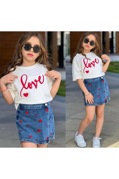 RAPAPA Set de tricou și fustă cu imprimeu Love pentru fete-2675